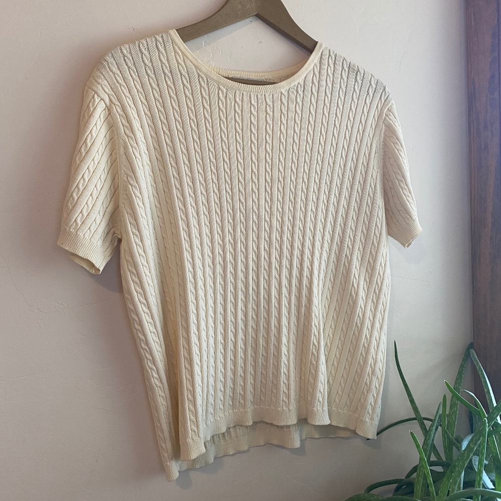 Vintage Crystal-Kobe Cream Cable Knit Short Sleeve Sweater Top